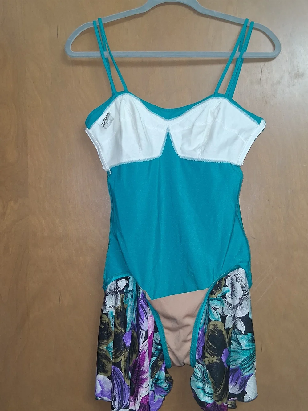 1970s DeWeese Swimsuit Dress Teal Purple Pink Floral One Piece Sundress Size 12